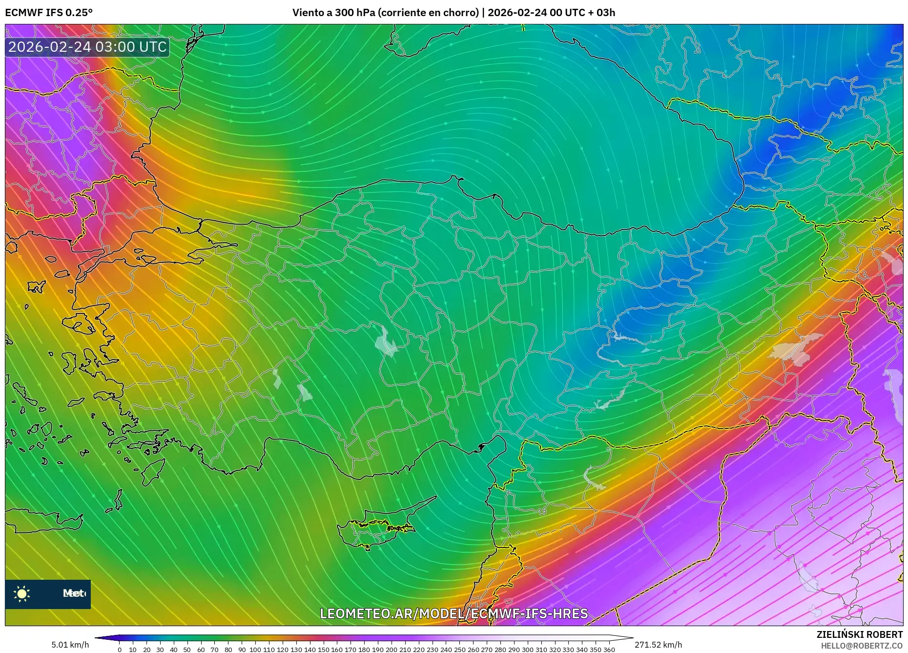 ECMWF IFS 0.25° model - Turquía, Viento a 300 hPa (corriente en chorro)