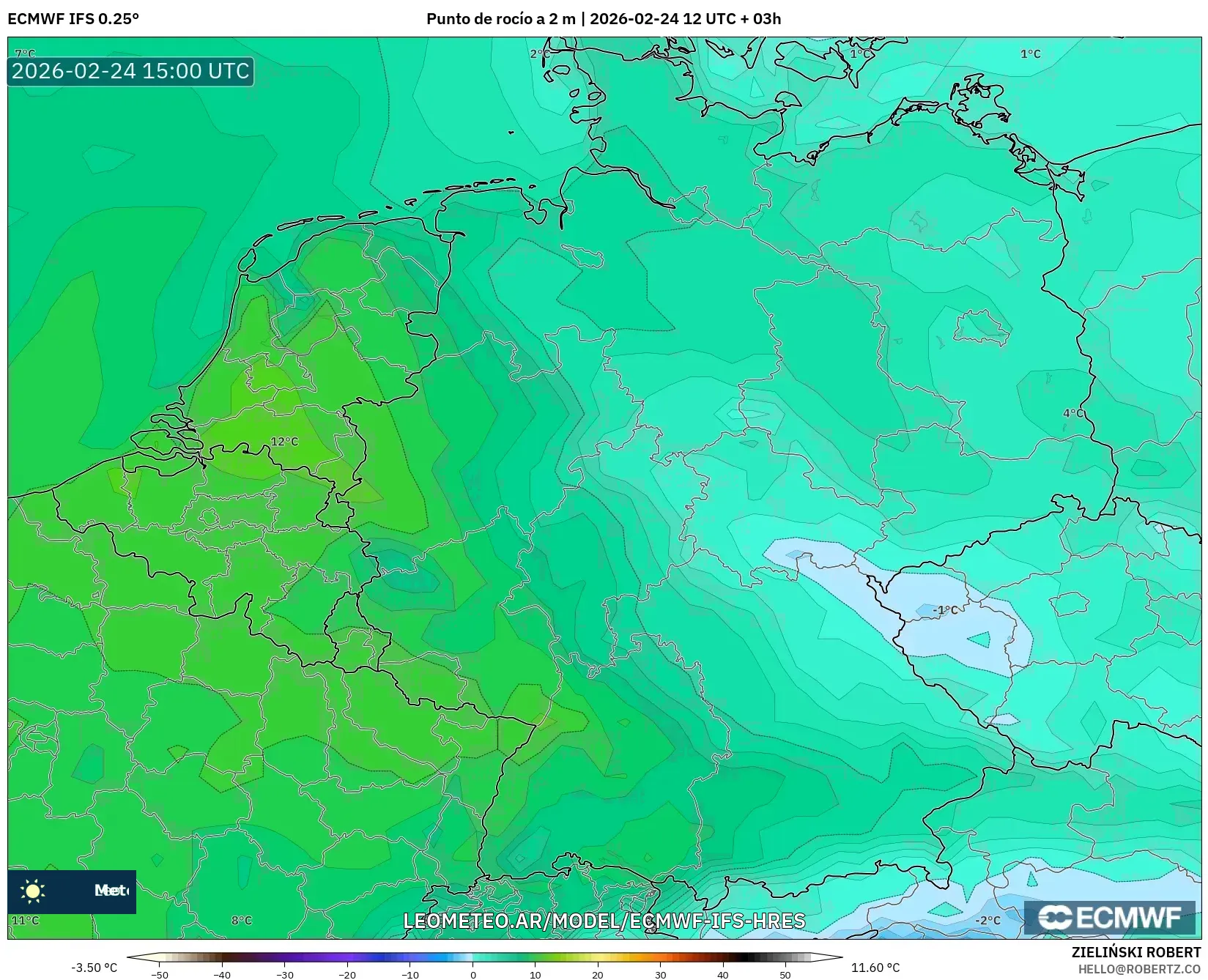 ECMWF IFS 0.25° model - Alemania, Punto de rocío a 2 m
