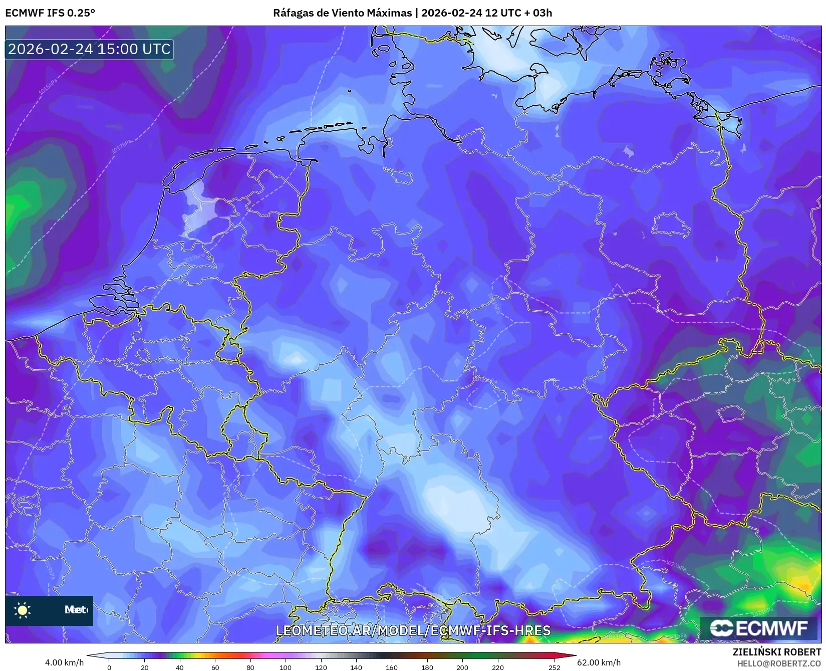 ECMWF IFS 0.25° model - Alemania, Ráfagas de Viento Máximas