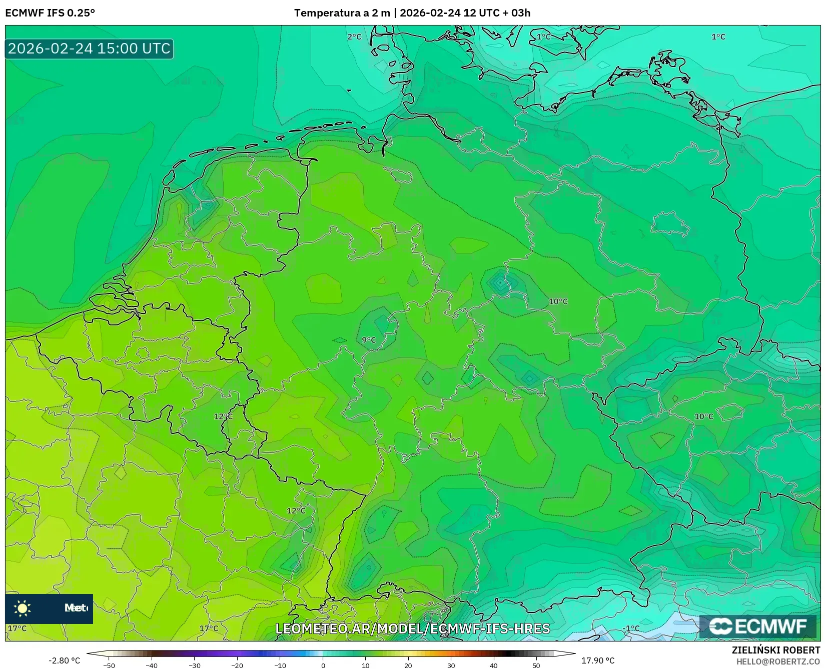 ECMWF IFS 0.25° model - Alemania, Temperatura a 2 m