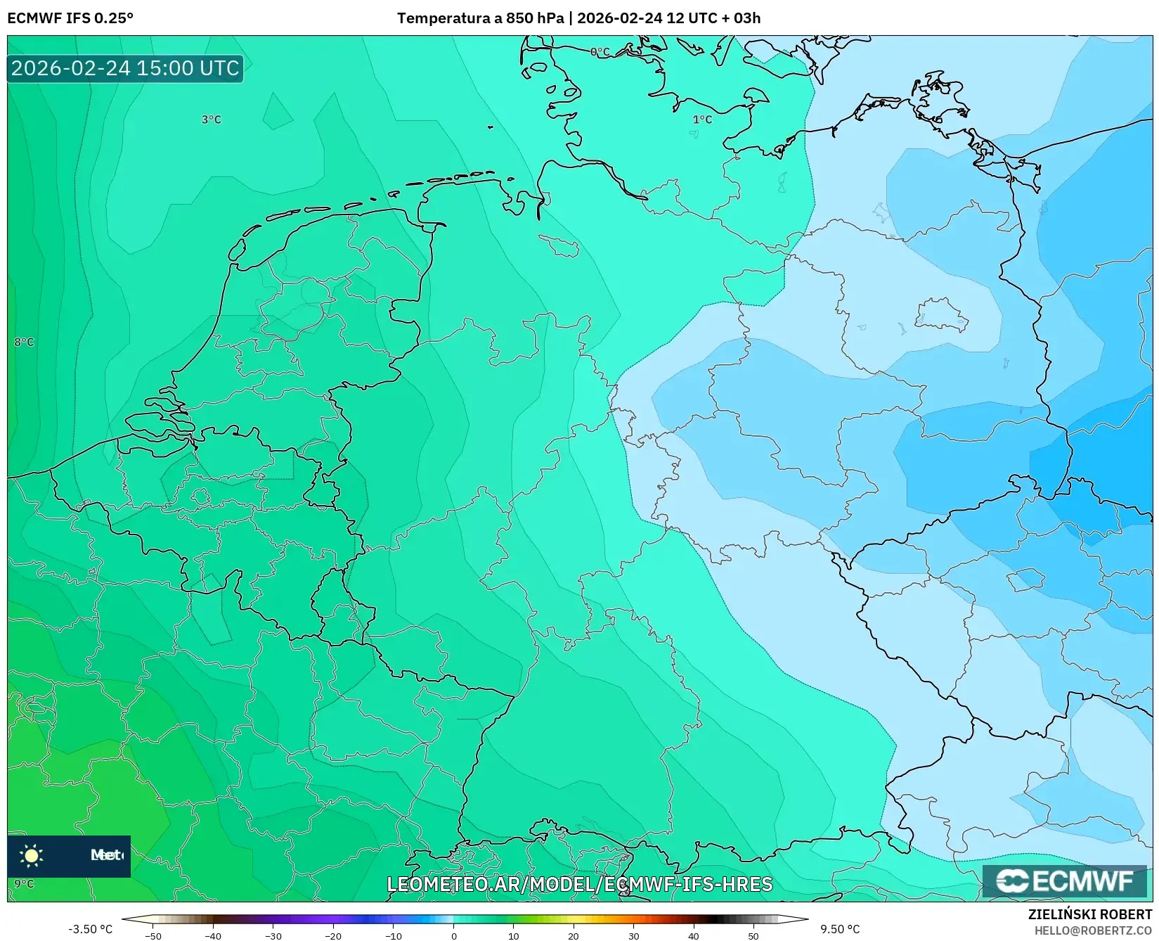 ECMWF IFS 0.25° model - Alemania, Temperatura a 850 hPa