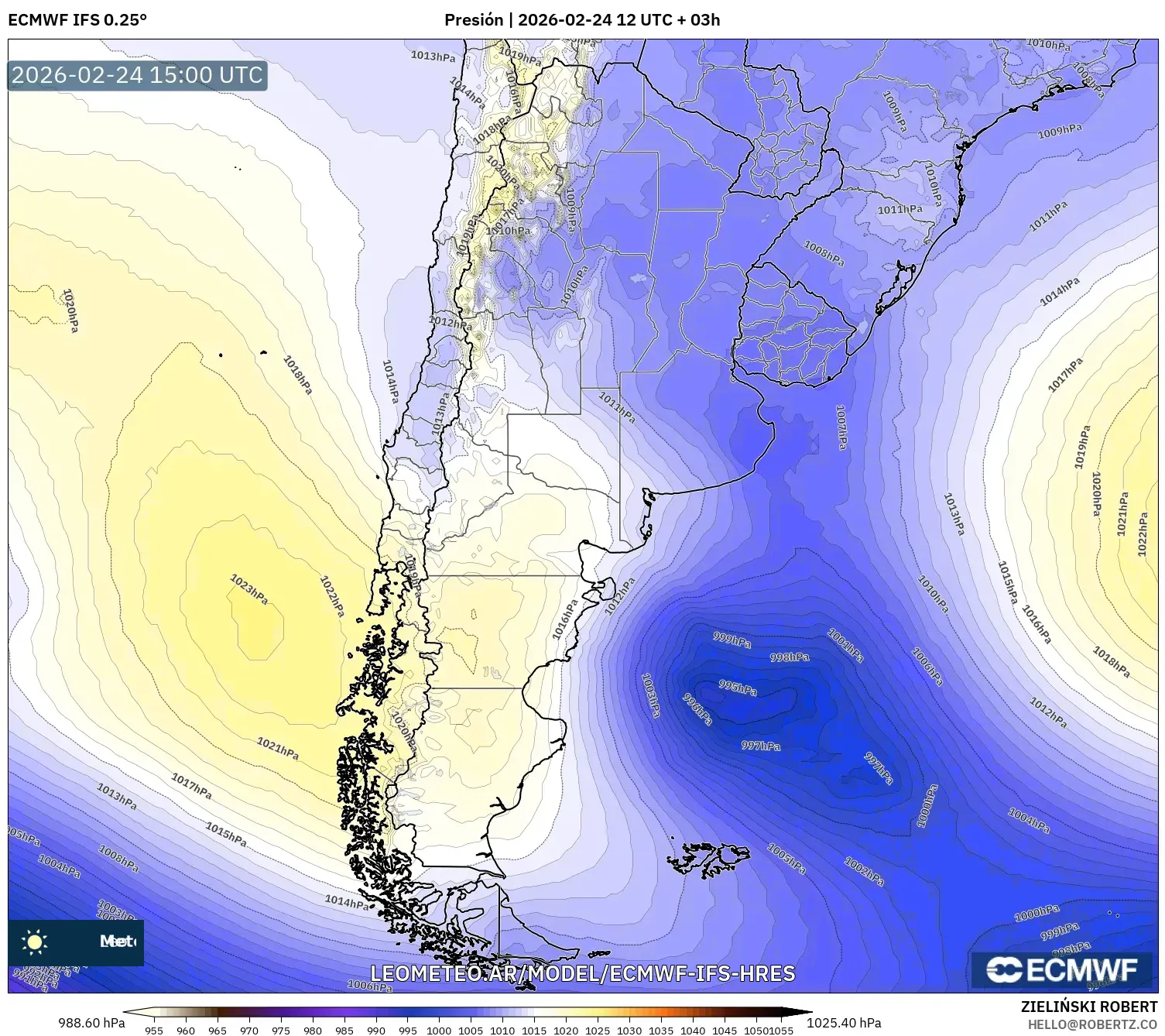 ECMWF IFS 0.25° model - Argentina, Presión