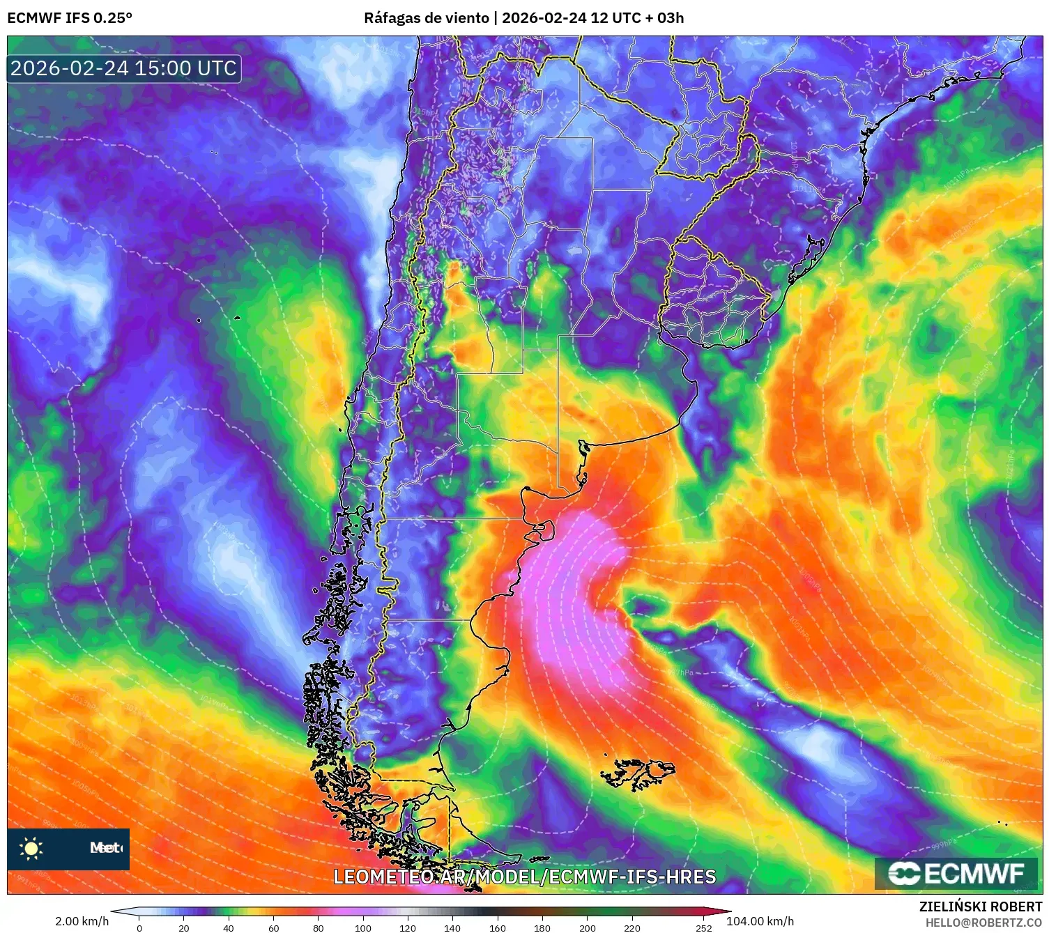 ECMWF IFS 0.25° model - Argentina, Ráfagas de viento