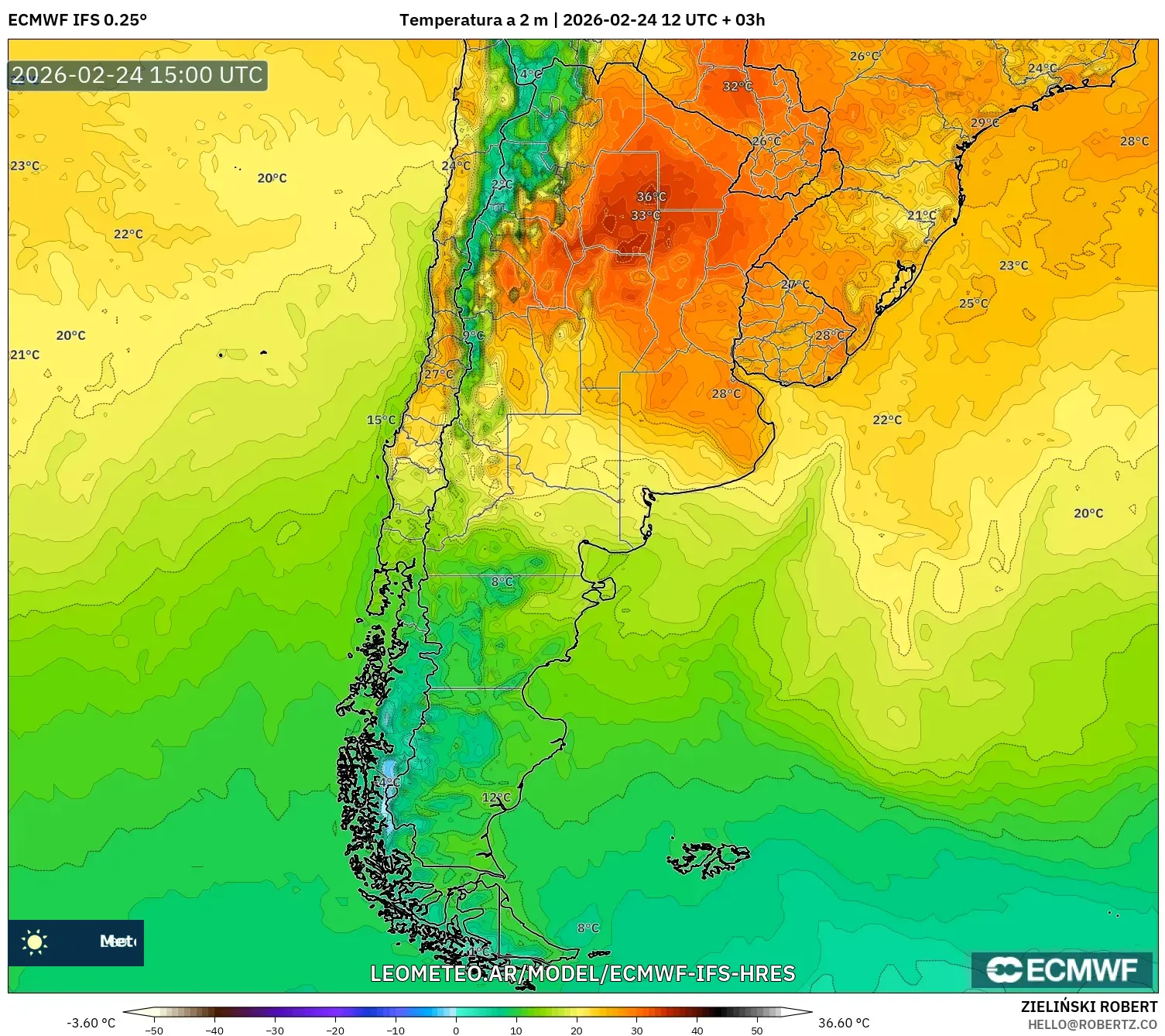 ECMWF IFS 0.25° model - Argentina, Temperatura a 2 m