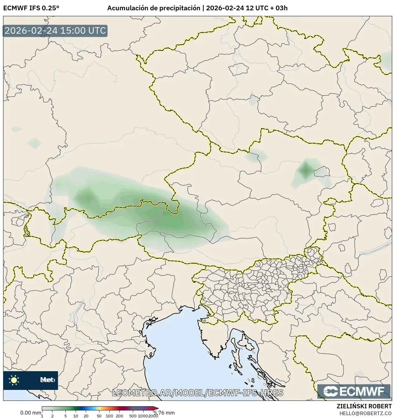 ECMWF IFS 0.25° model - Austria, Acumulación de precipitación