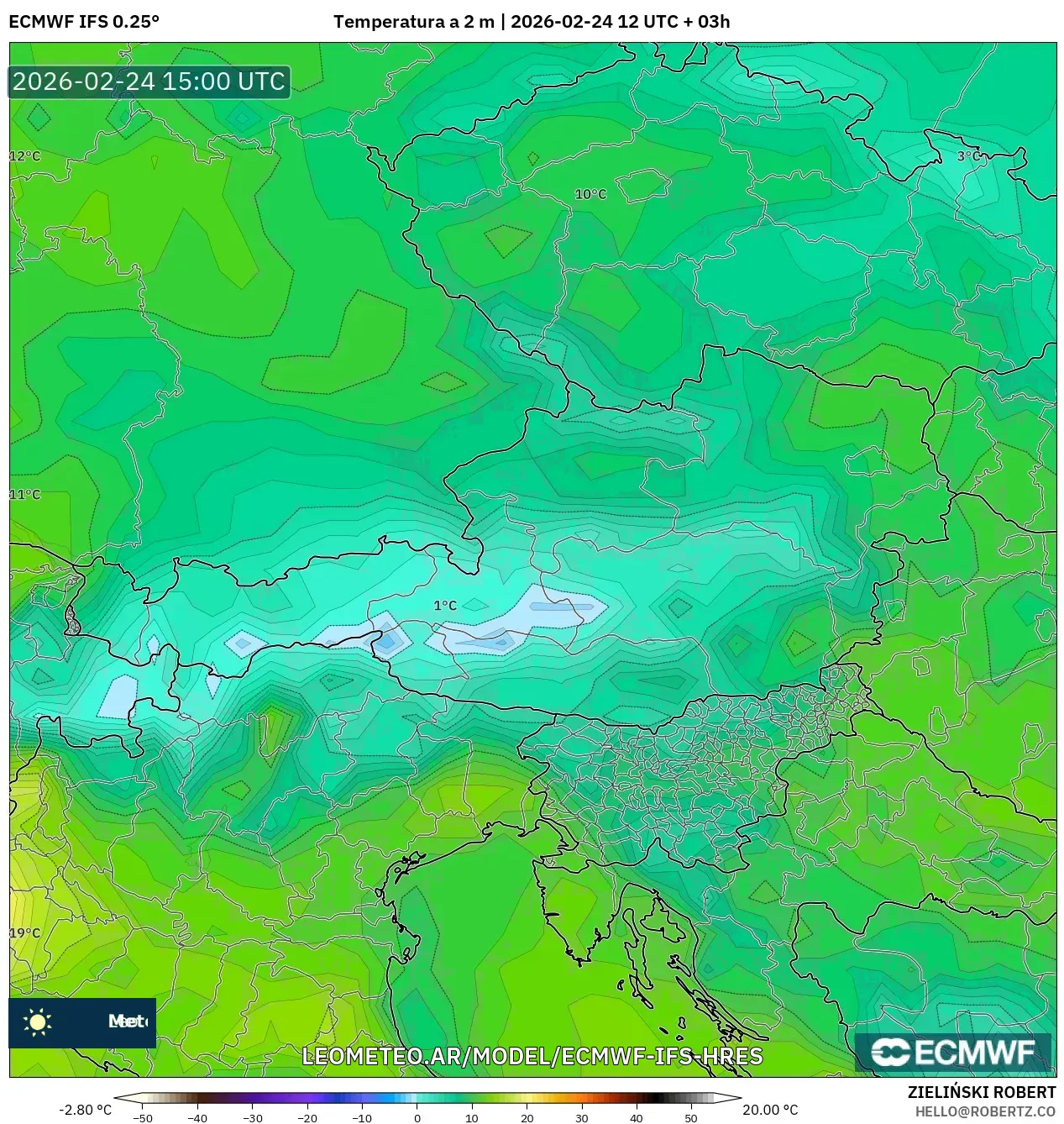 ECMWF IFS 0.25° model - Austria, Temperatura a 2 m