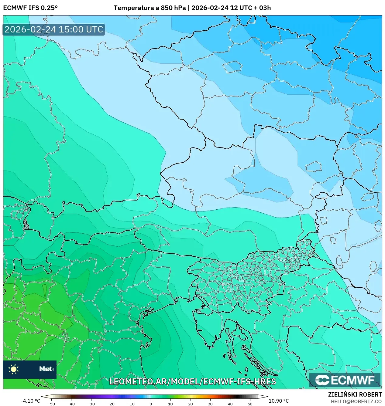 ECMWF IFS 0.25° model - Austria, Temperatura a 850 hPa