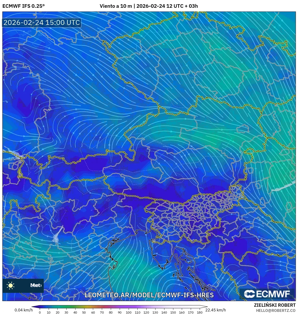 ECMWF IFS 0.25° model - Austria, Viento a 10 m