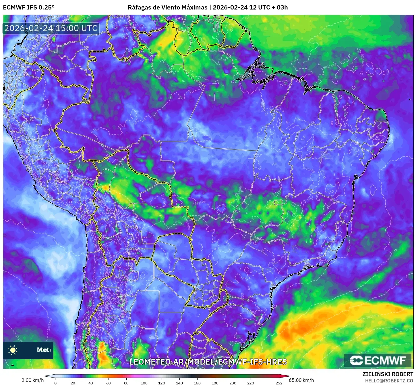 ECMWF IFS 0.25° model - Brasil, Ráfagas de Viento Máximas