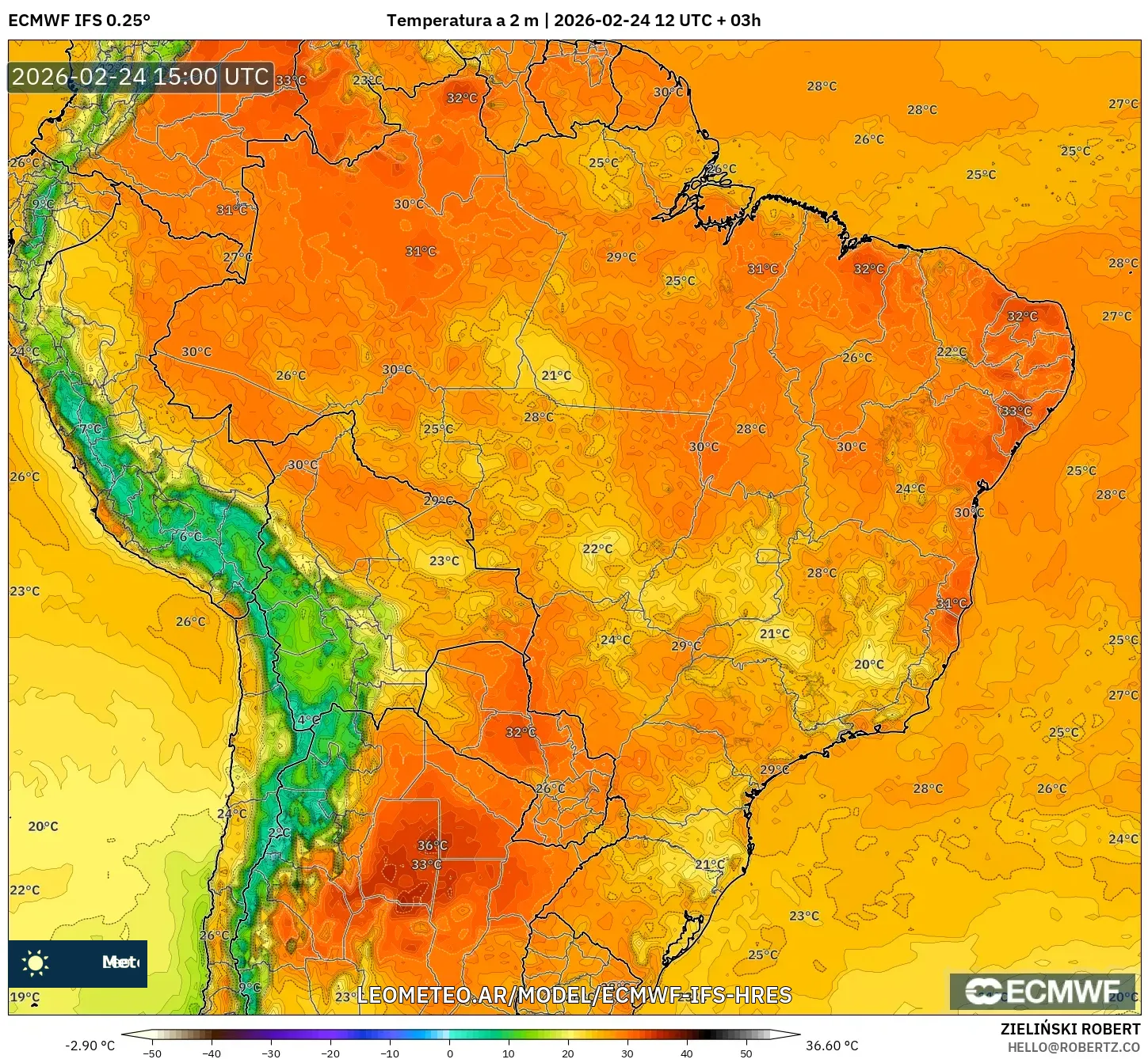ECMWF IFS 0.25° model - Brasil, Temperatura a 2 m