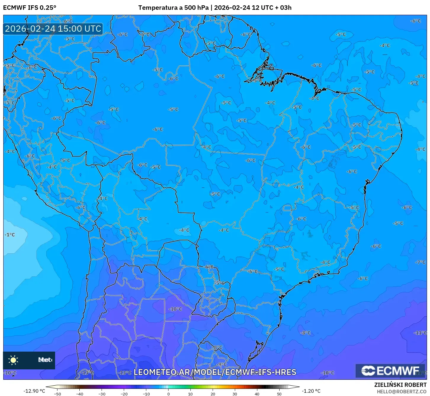 ECMWF IFS 0.25° model - Brasil, Temperatura a 500 hPa