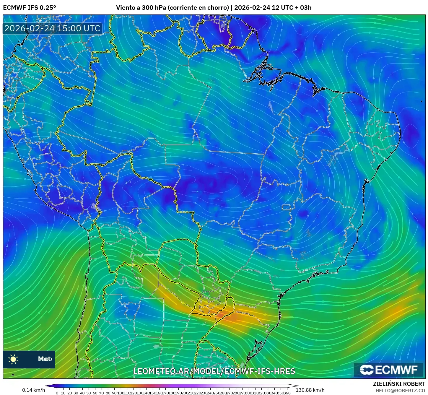 ECMWF IFS 0.25° model - Brasil, Viento a 300 hPa (corriente en chorro)