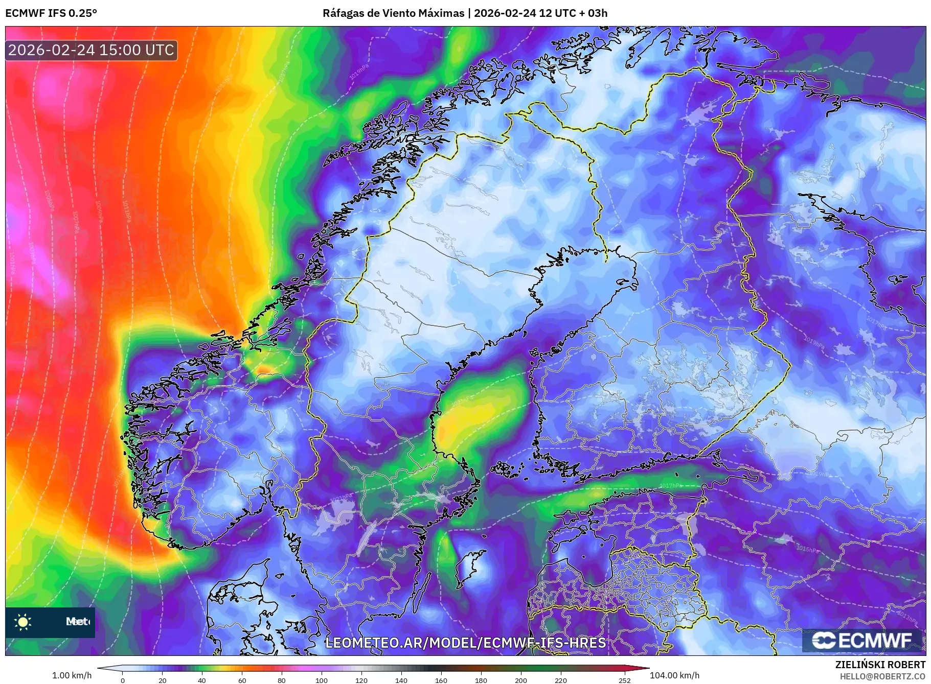 ECMWF IFS 0.25° model - Escandinavia, Ráfagas de Viento Máximas
