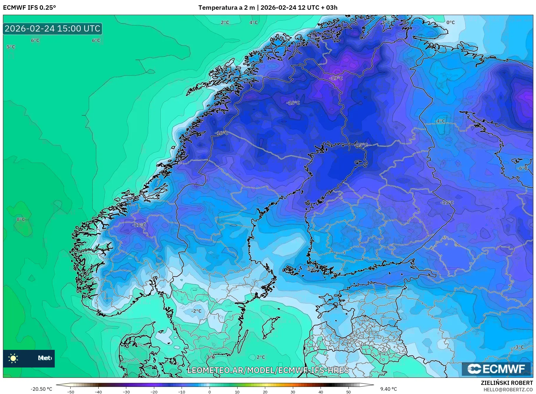 ECMWF IFS 0.25° model - Escandinavia, Temperatura a 2 m