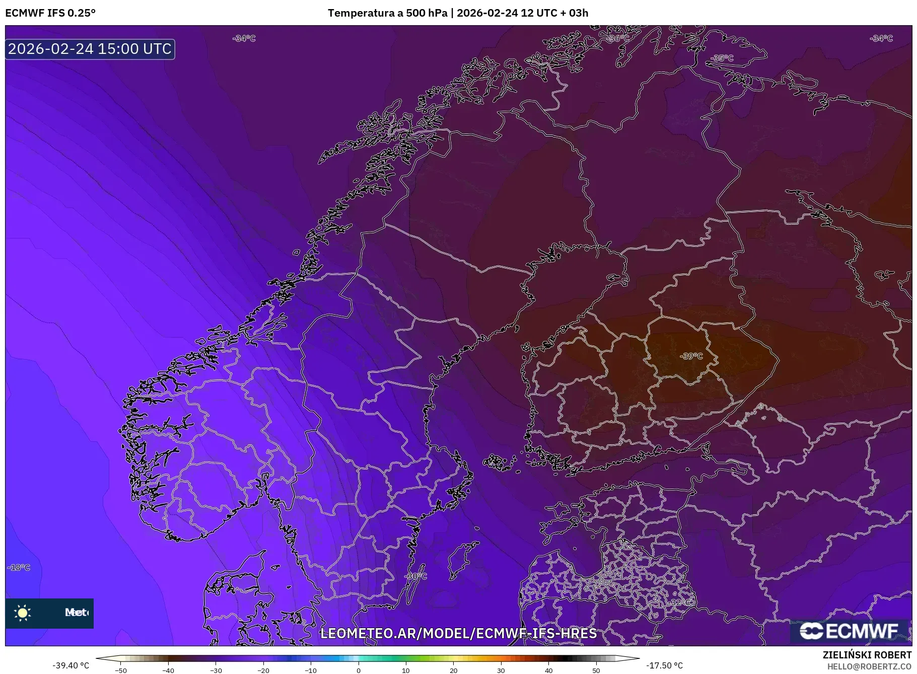 ECMWF IFS 0.25° model - Escandinavia, Temperatura a 500 hPa