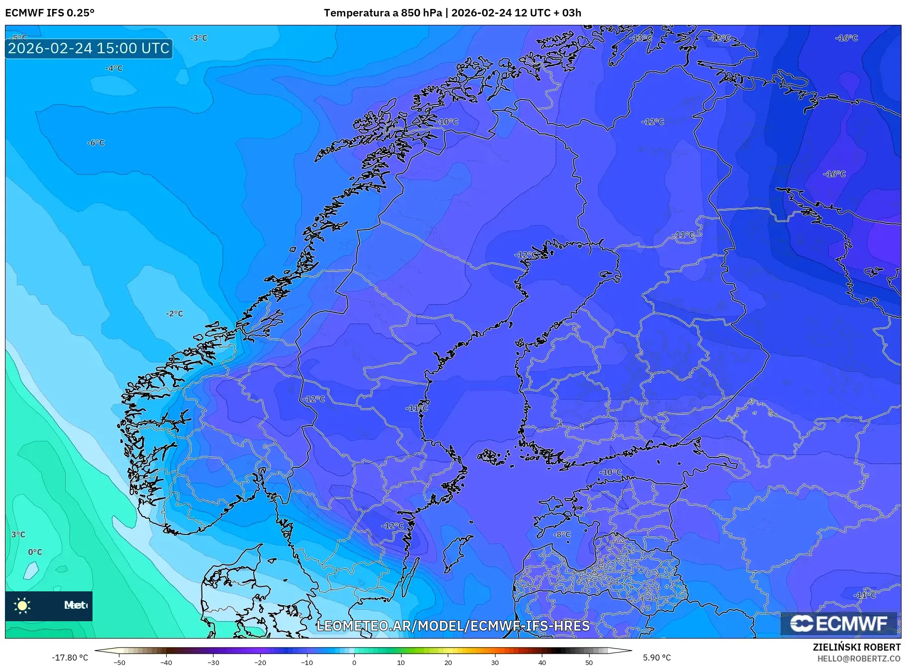 ECMWF IFS 0.25° model - Escandinavia, Temperatura a 850 hPa