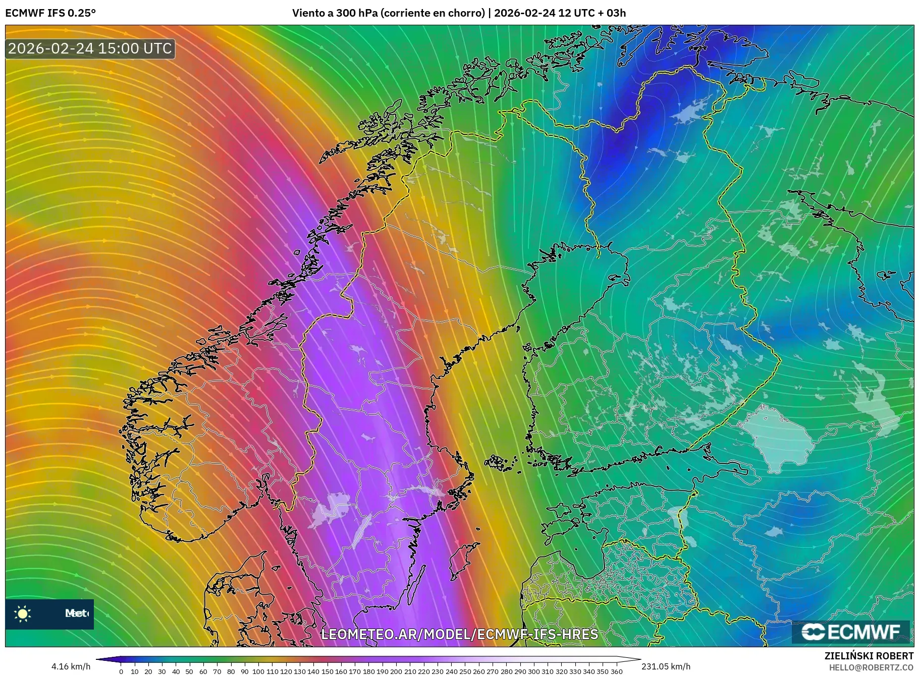 ECMWF IFS 0.25° model - Escandinavia, Viento a 300 hPa (corriente en chorro)