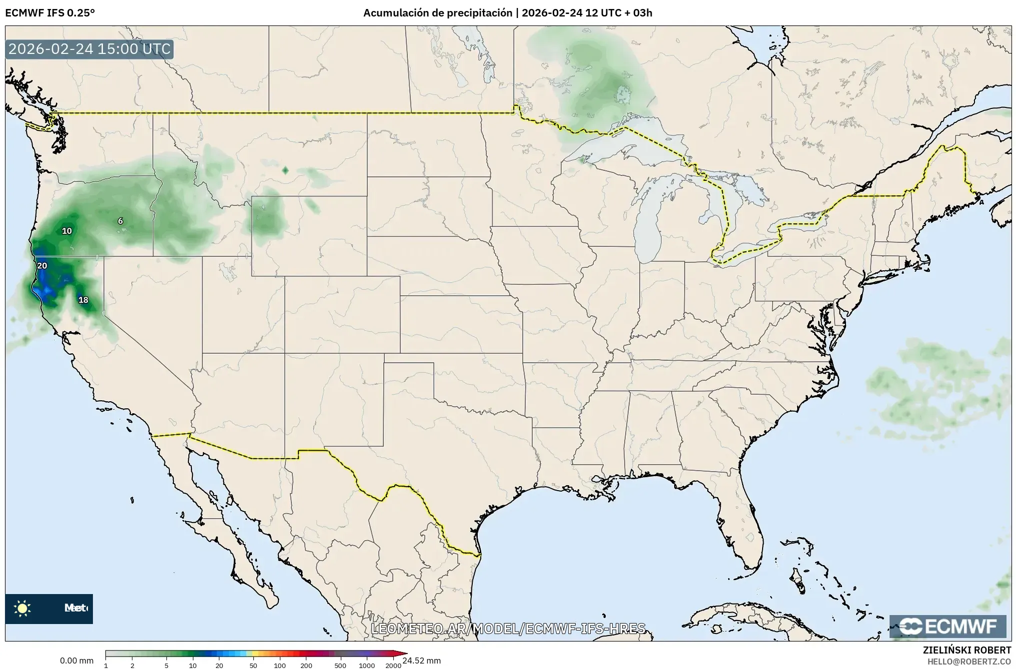 ECMWF IFS 0.25° model - Estados Unidos, Acumulación de precipitación