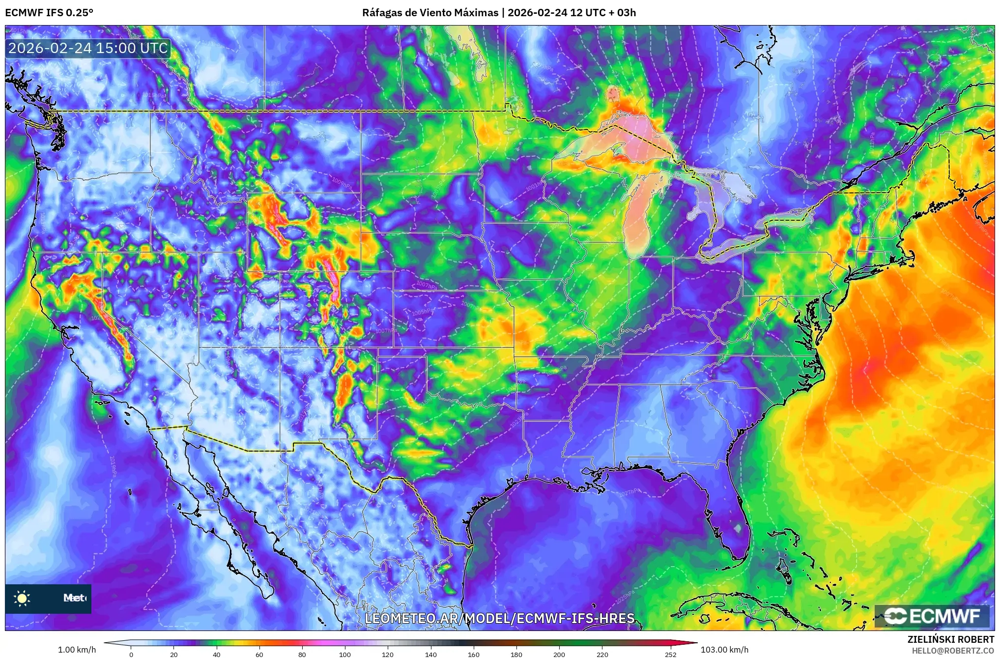 ECMWF IFS 0.25° model - Estados Unidos, Ráfagas de Viento Máximas