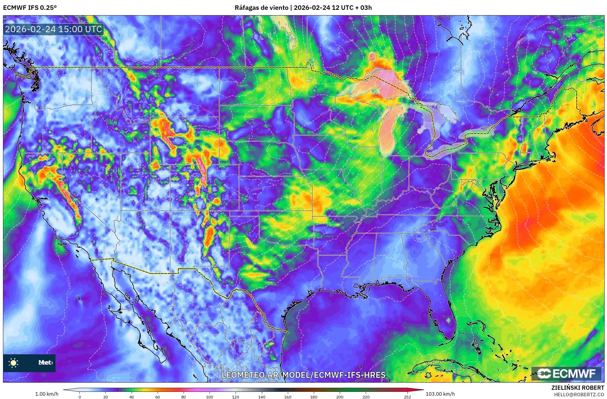 ECMWF IFS 0.25° model - Estados Unidos, Ráfagas de viento