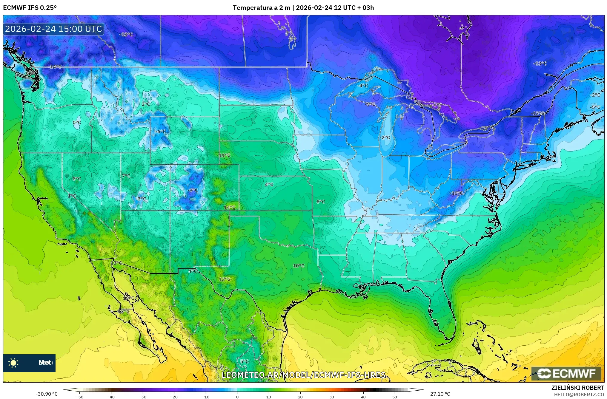 ECMWF IFS 0.25° model - Estados Unidos, Temperatura a 2 m