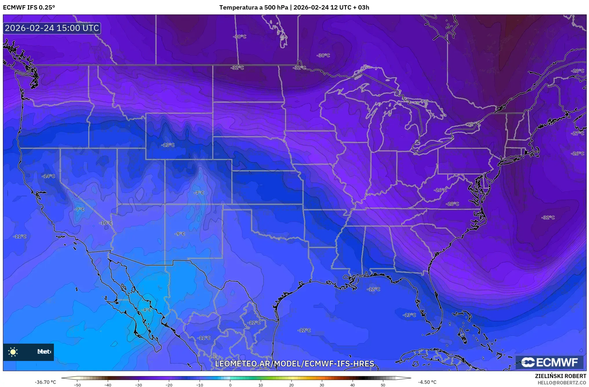 ECMWF IFS 0.25° model - Estados Unidos, Temperatura a 500 hPa