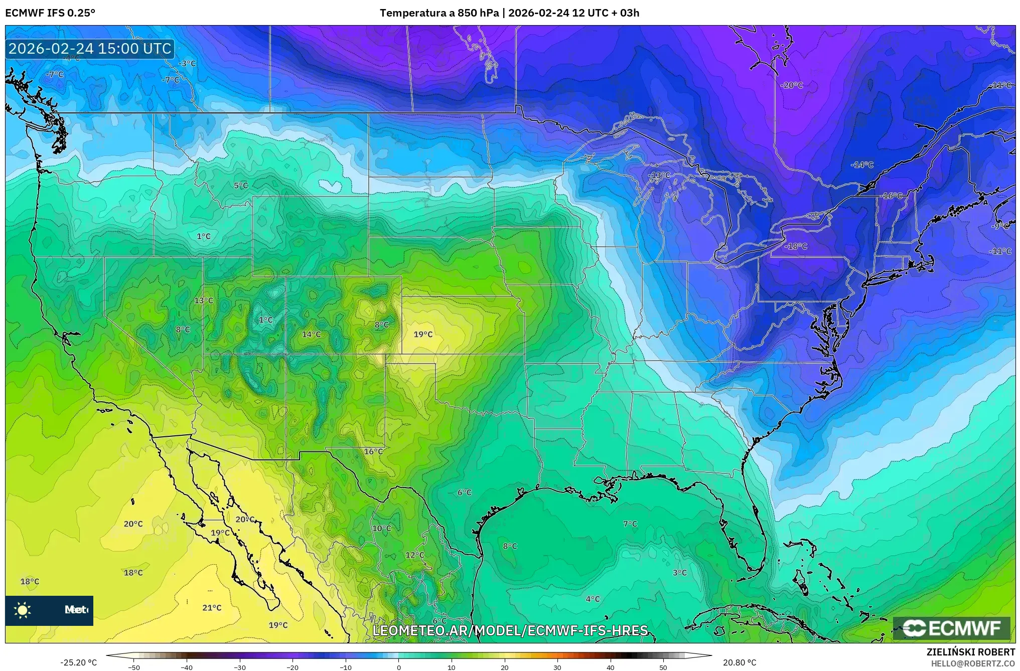 ECMWF IFS 0.25° model - Estados Unidos, Temperatura a 850 hPa