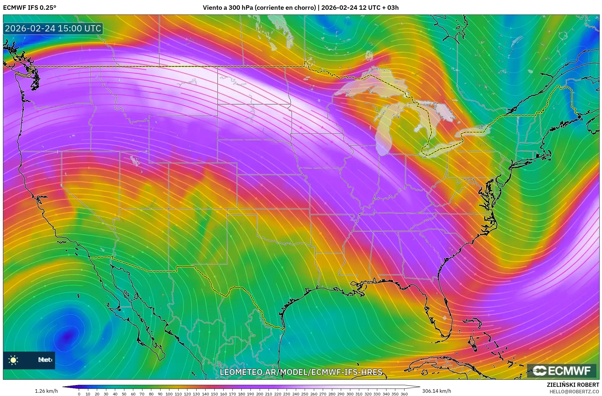 ECMWF IFS 0.25° model - Estados Unidos, Viento a 300 hPa (corriente en chorro)