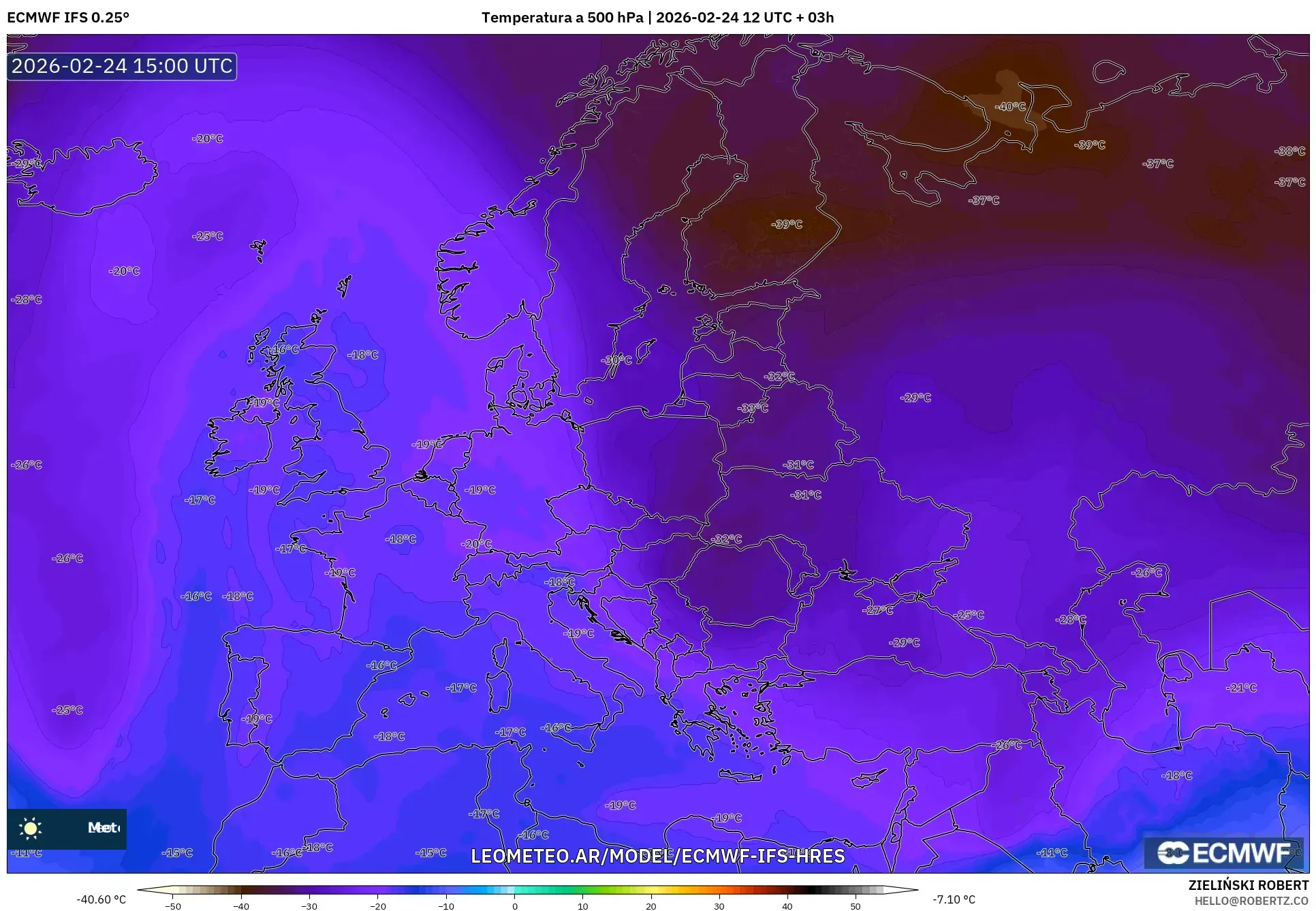 ECMWF IFS 0.25° model - Europa, Temperatura a 500 hPa