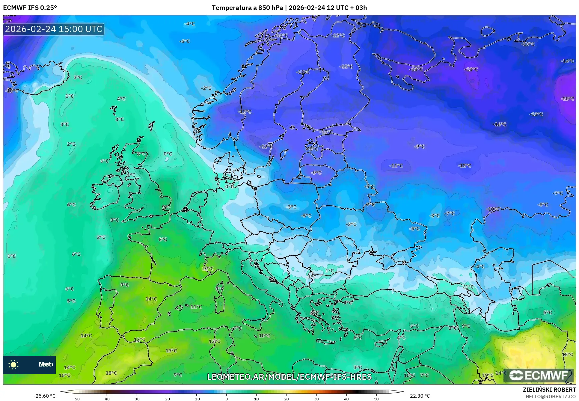 ECMWF IFS 0.25° model - Europa, Temperatura a 850 hPa