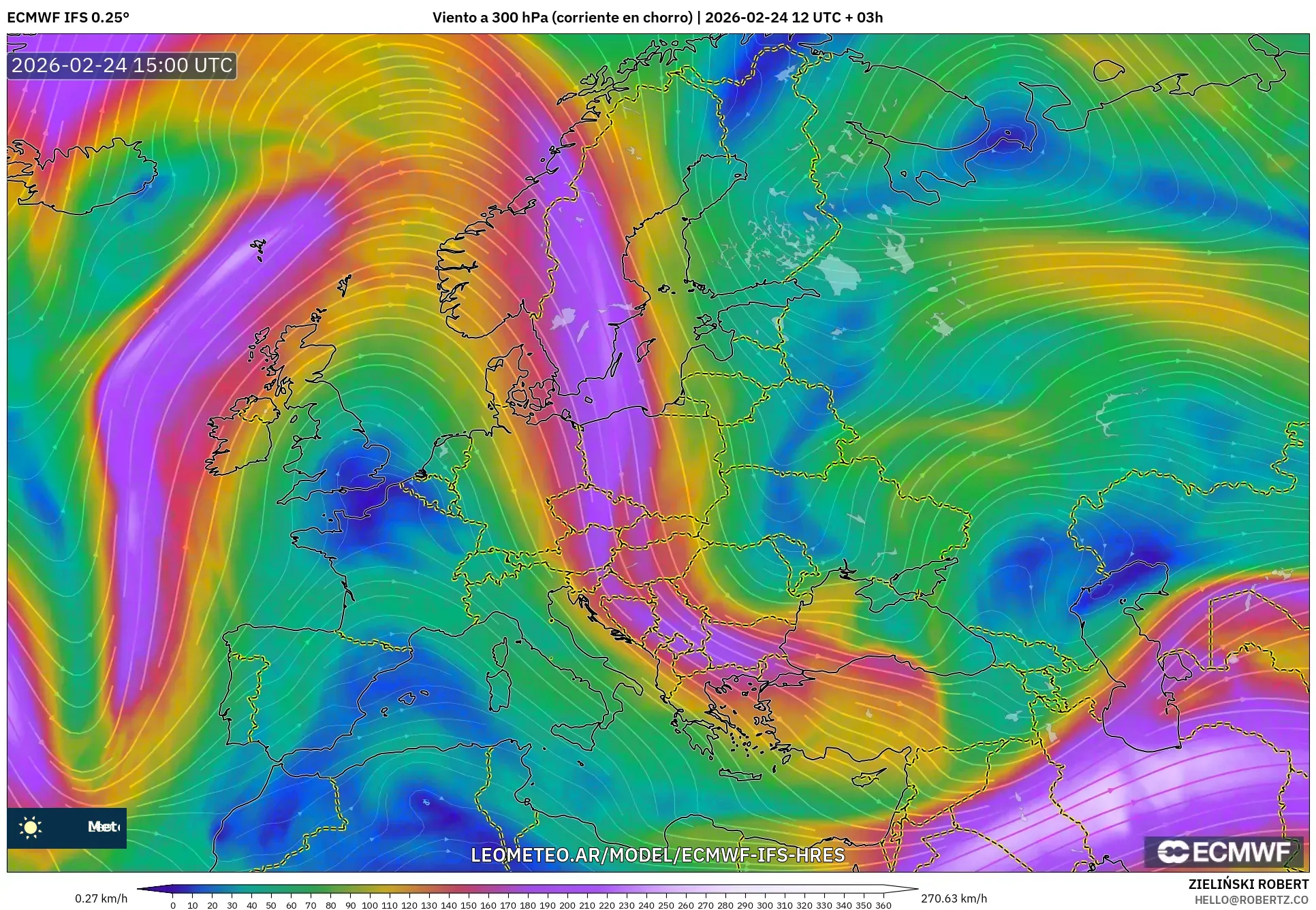 ECMWF IFS 0.25° model - Europa, Viento a 300 hPa (corriente en chorro)