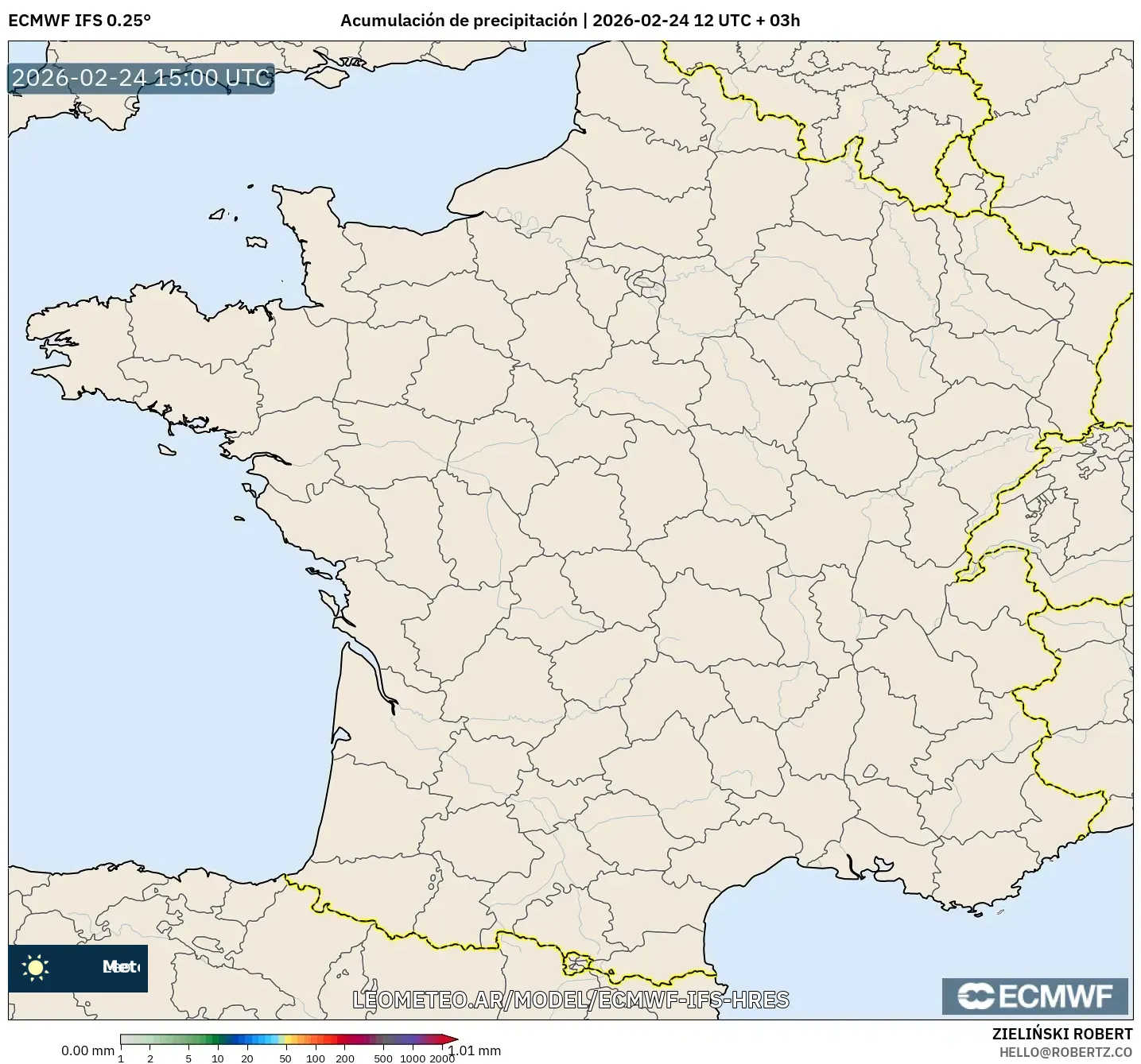 ECMWF IFS 0.25° model - Francia, Acumulación de precipitación