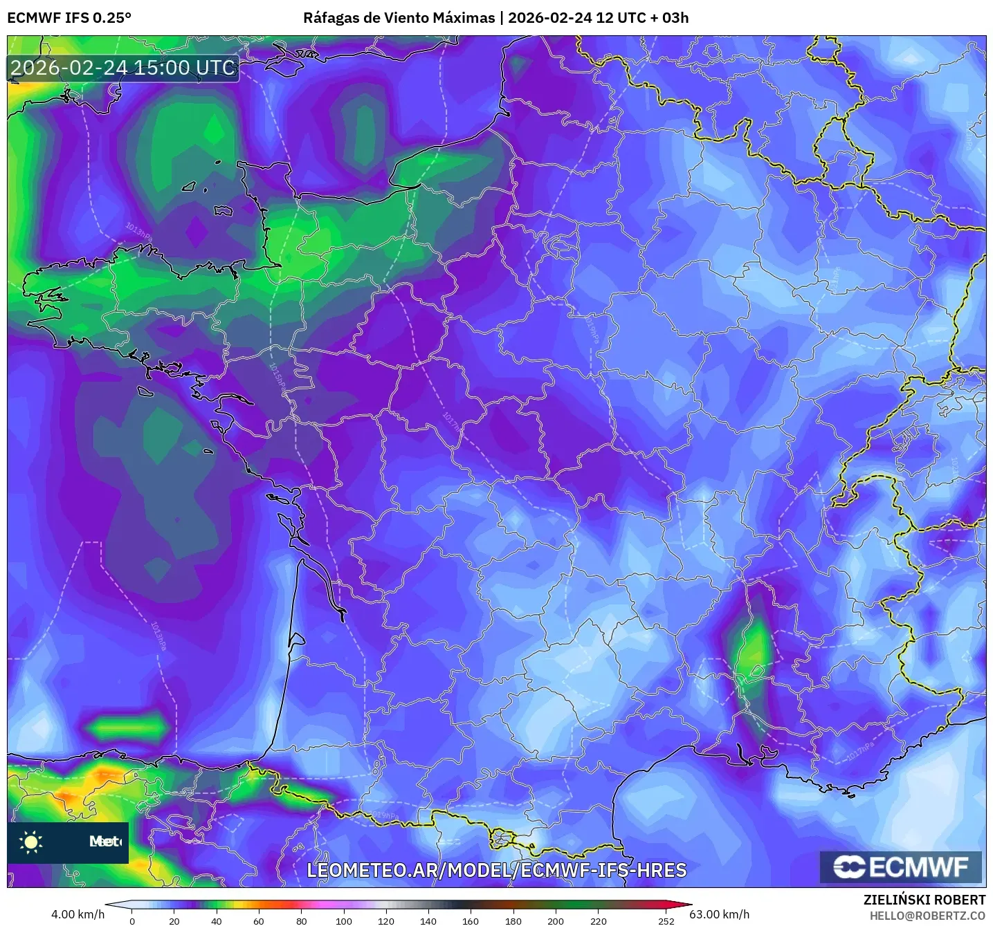 ECMWF IFS 0.25° model - Francia, Ráfagas de Viento Máximas