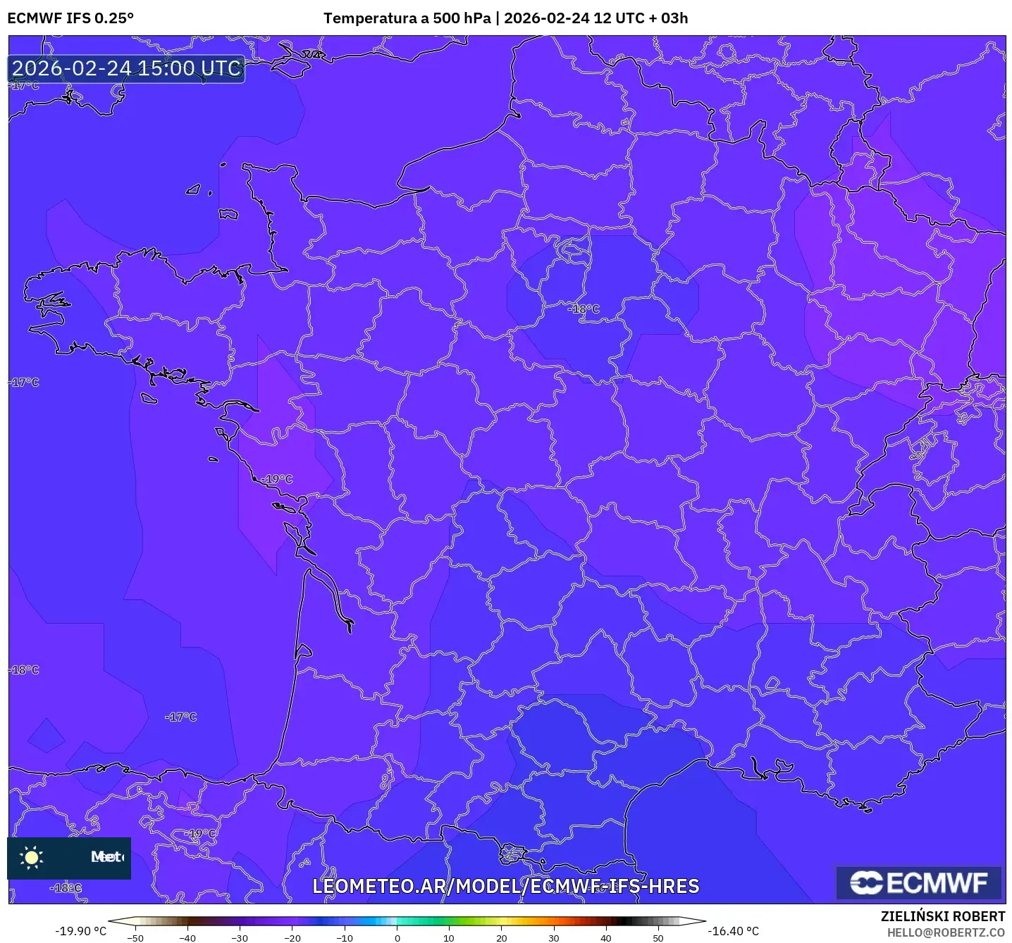 ECMWF IFS 0.25° model - Francia, Temperatura a 500 hPa