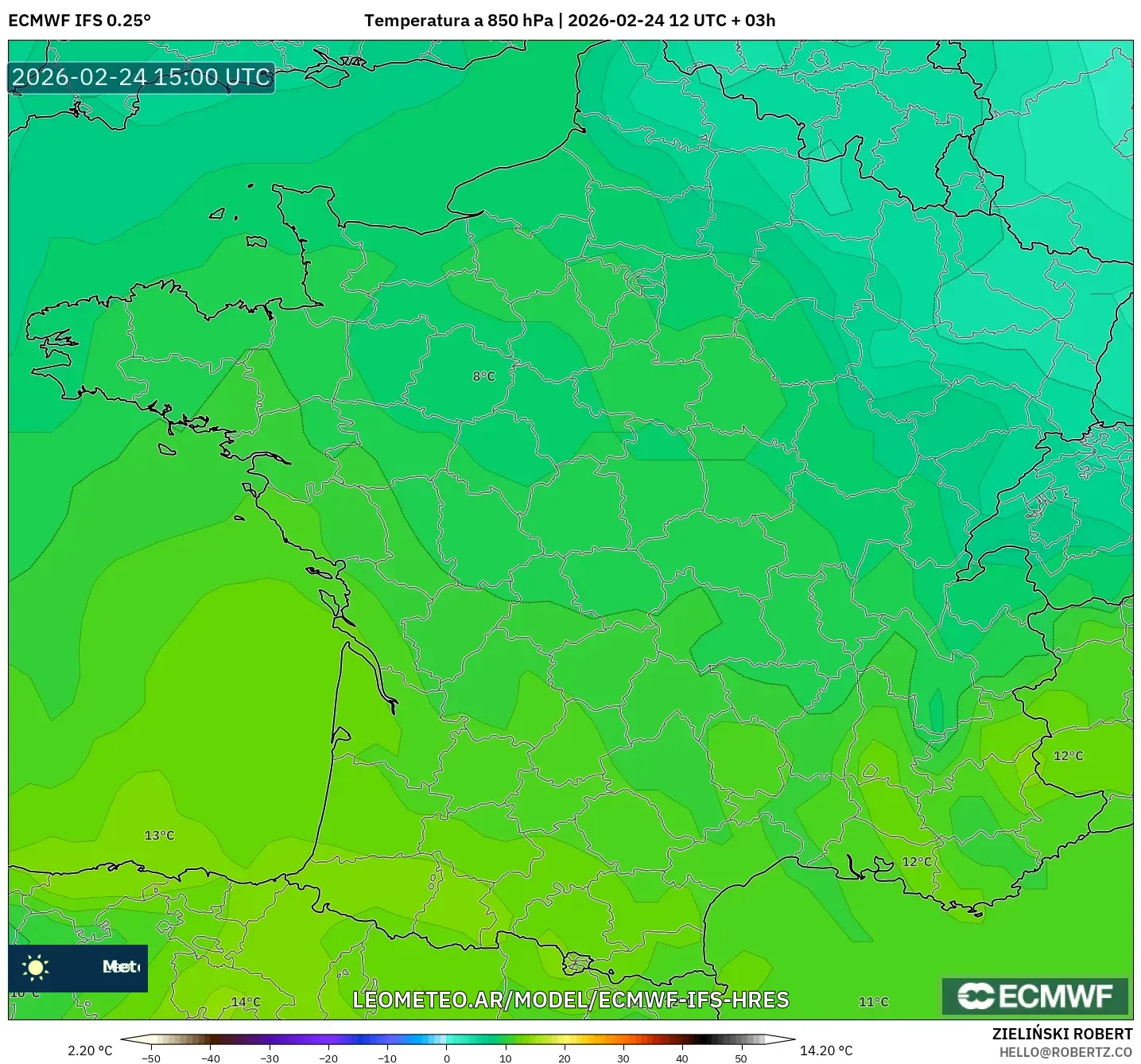 ECMWF IFS 0.25° model - Francia, Temperatura a 850 hPa