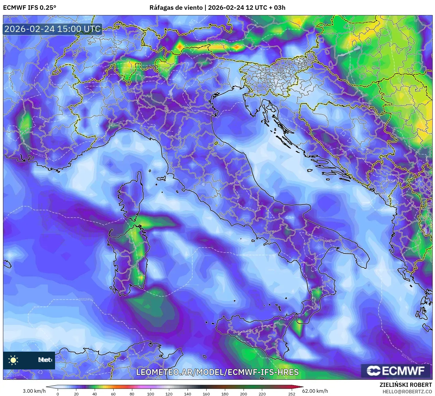 ECMWF IFS 0.25° model - Italia, Ráfagas de viento