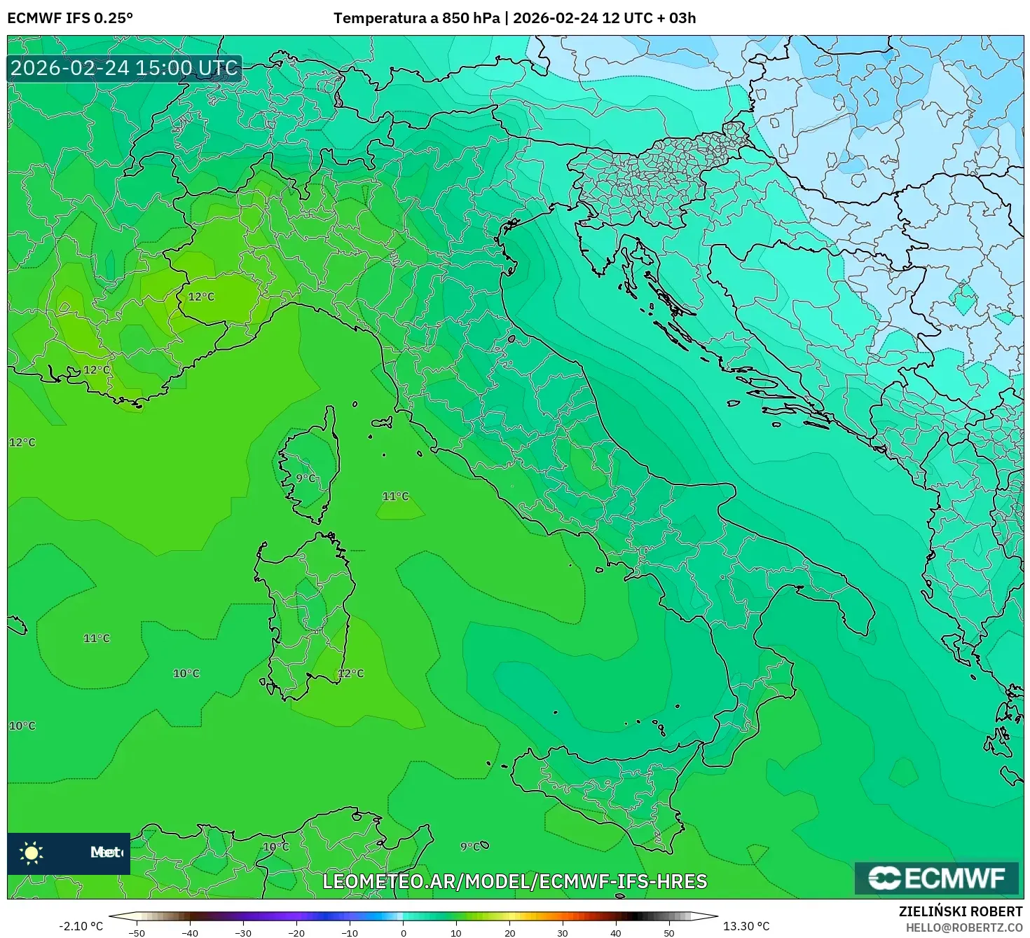 ECMWF IFS 0.25° model - Italia, Temperatura a 850 hPa