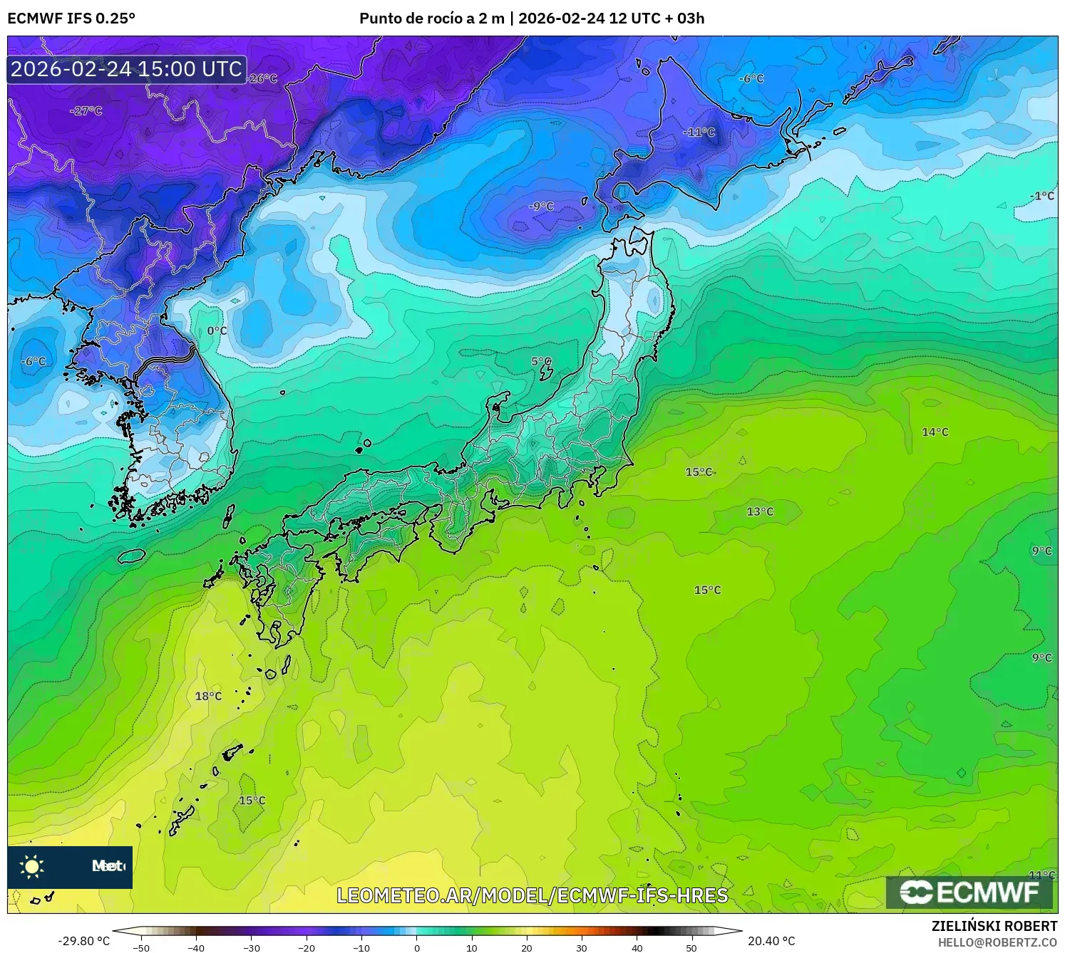 ECMWF IFS 0.25° model - Japón, Punto de rocío a 2 m