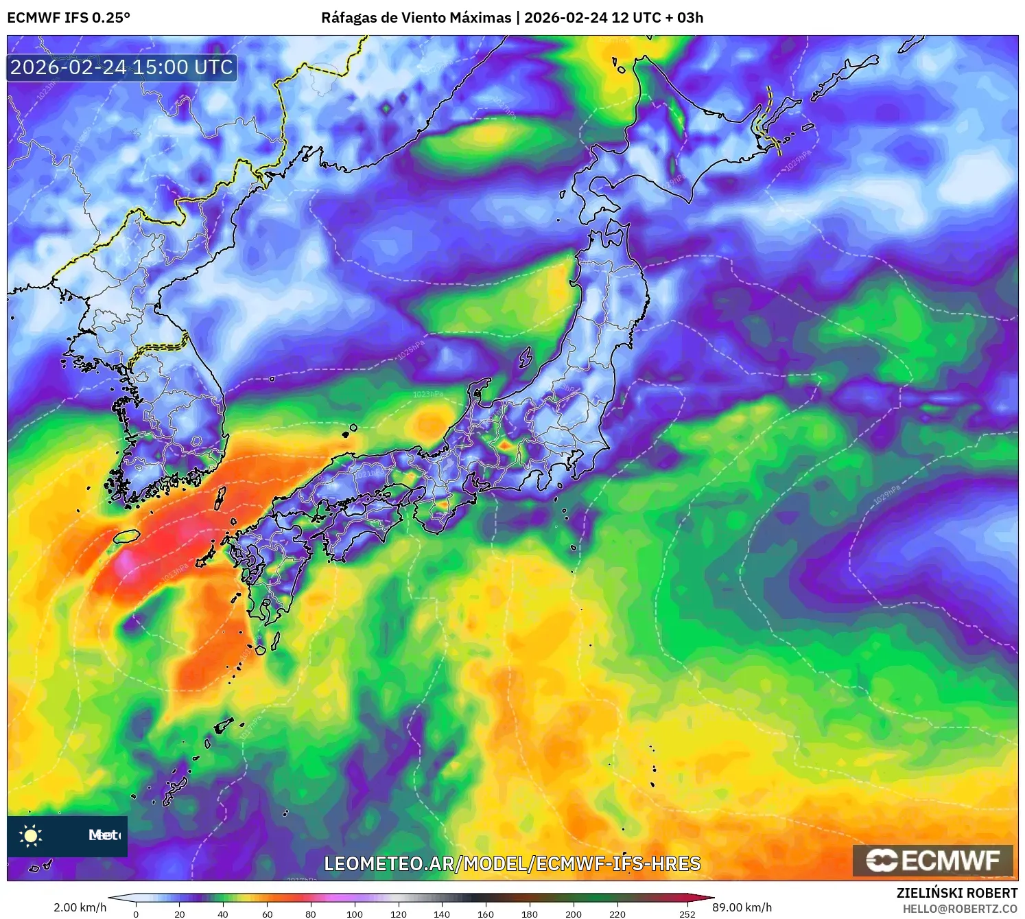 ECMWF IFS 0.25° model - Japón, Ráfagas de Viento Máximas