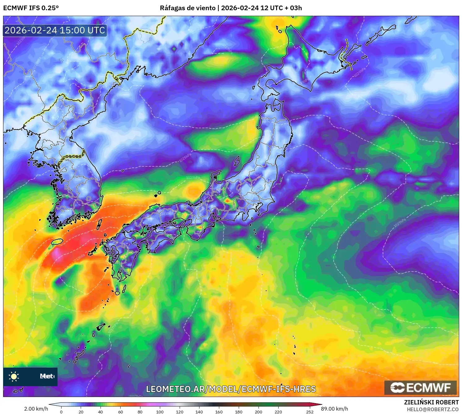 ECMWF IFS 0.25° model - Japón, Ráfagas de viento