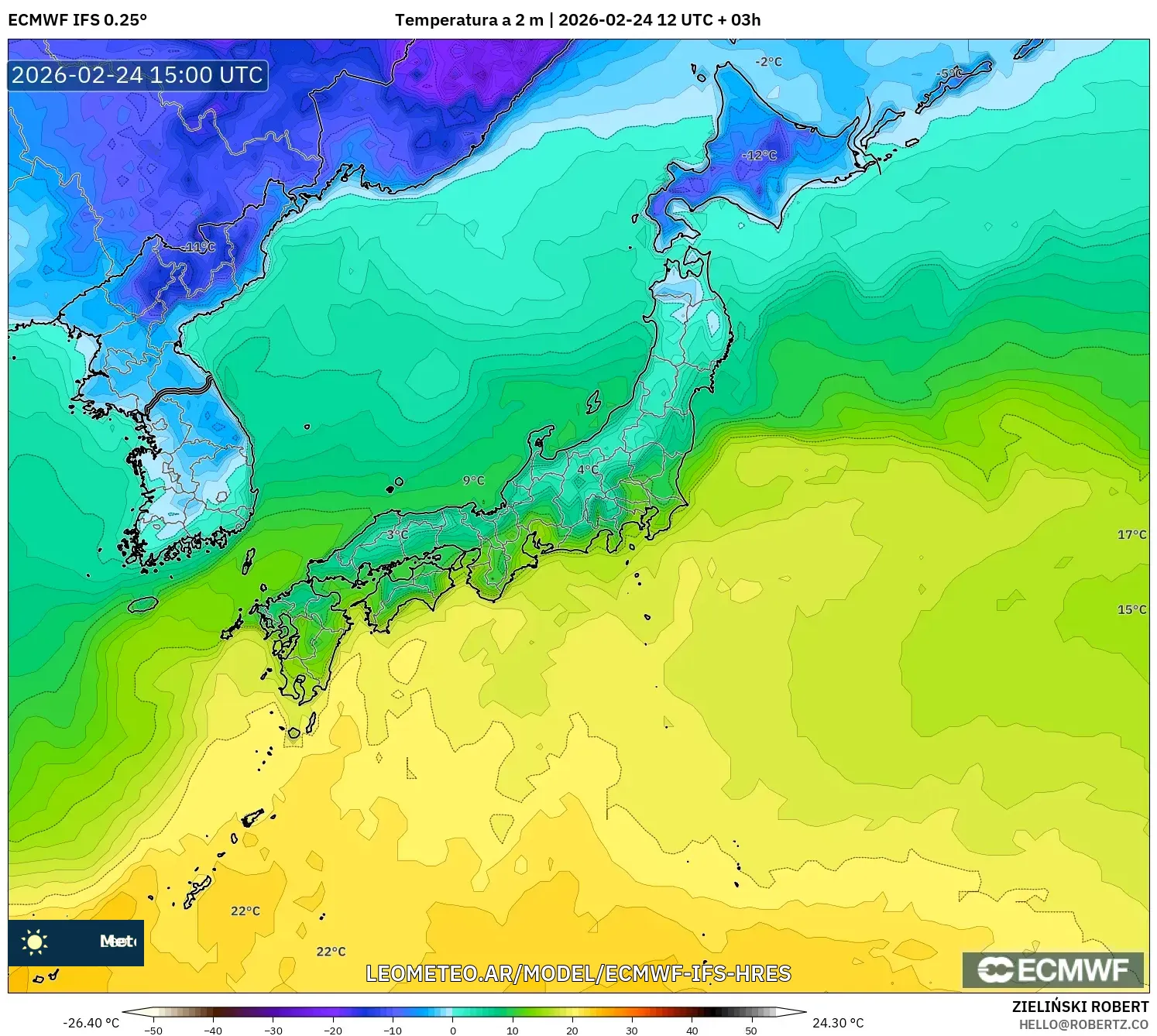 ECMWF IFS 0.25° model - Japón, Temperatura a 2 m