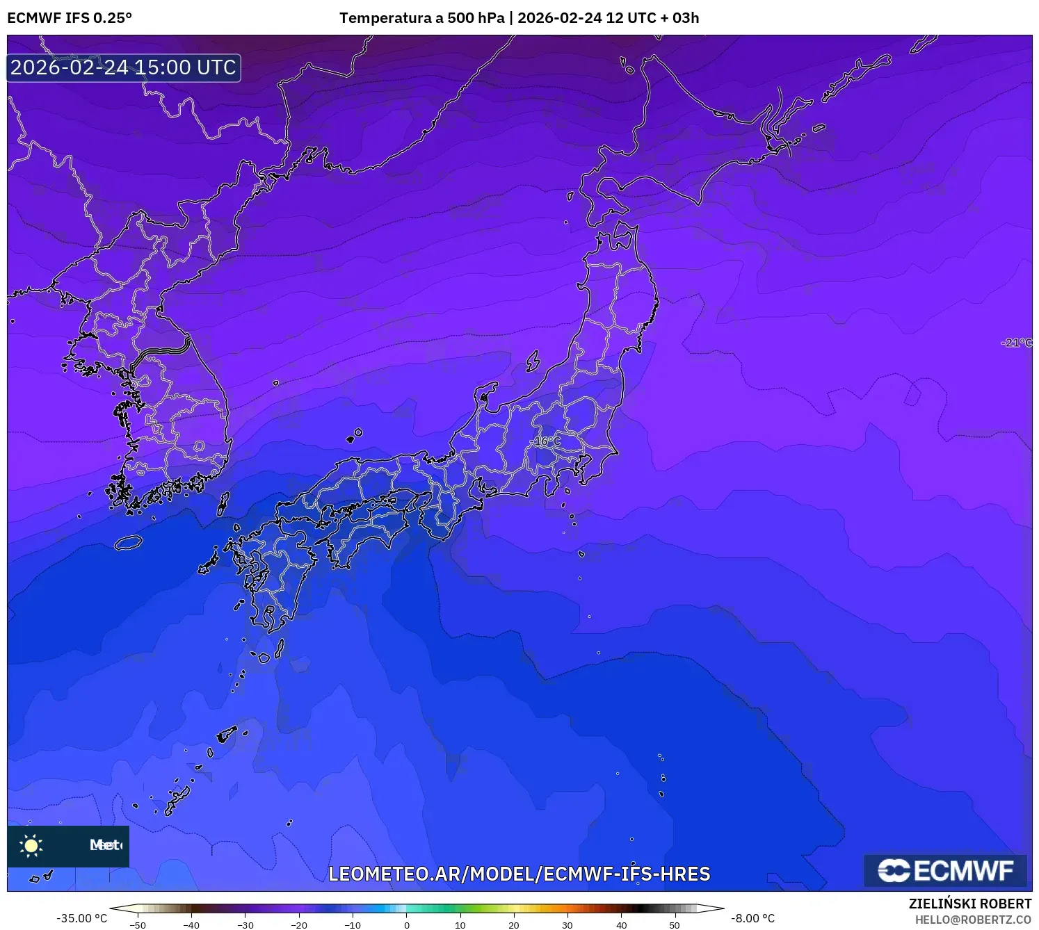 ECMWF IFS 0.25° model - Japón, Temperatura a 500 hPa