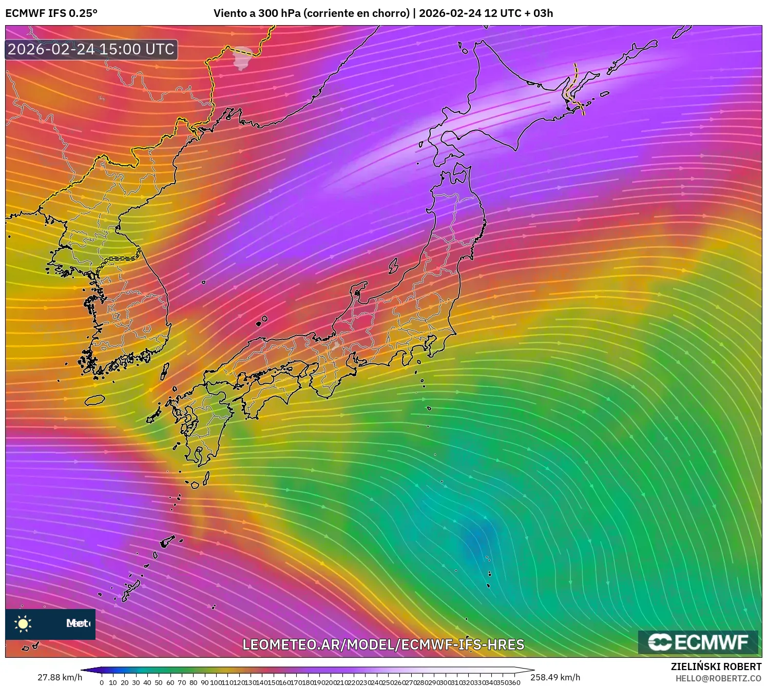 ECMWF IFS 0.25° model - Japón, Viento a 300 hPa (corriente en chorro)