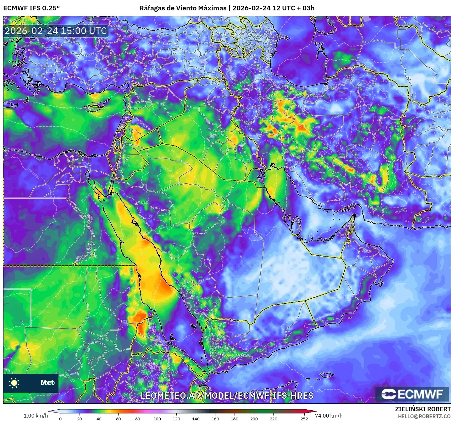 ECMWF IFS 0.25° model - Oriente Medio, Ráfagas de Viento Máximas