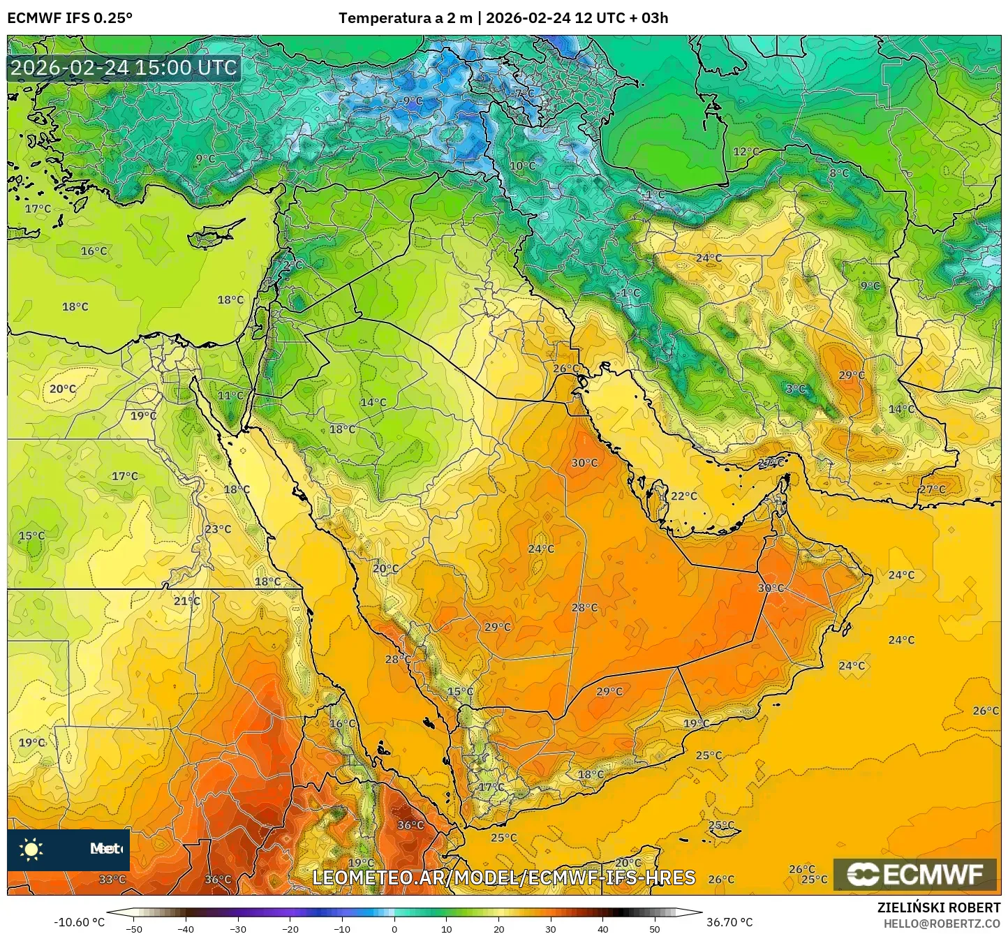 ECMWF IFS 0.25° model - Oriente Medio, Temperatura a 2 m