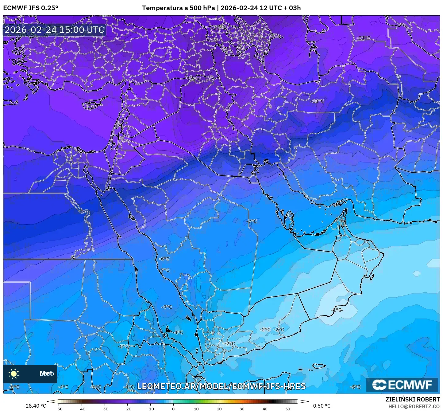 ECMWF IFS 0.25° model - Oriente Medio, Temperatura a 500 hPa