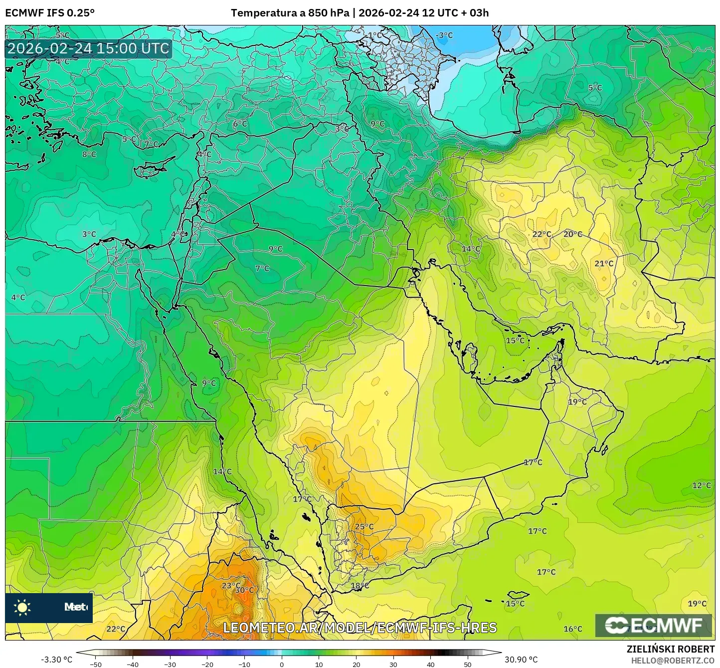 ECMWF IFS 0.25° model - Oriente Medio, Temperatura a 850 hPa