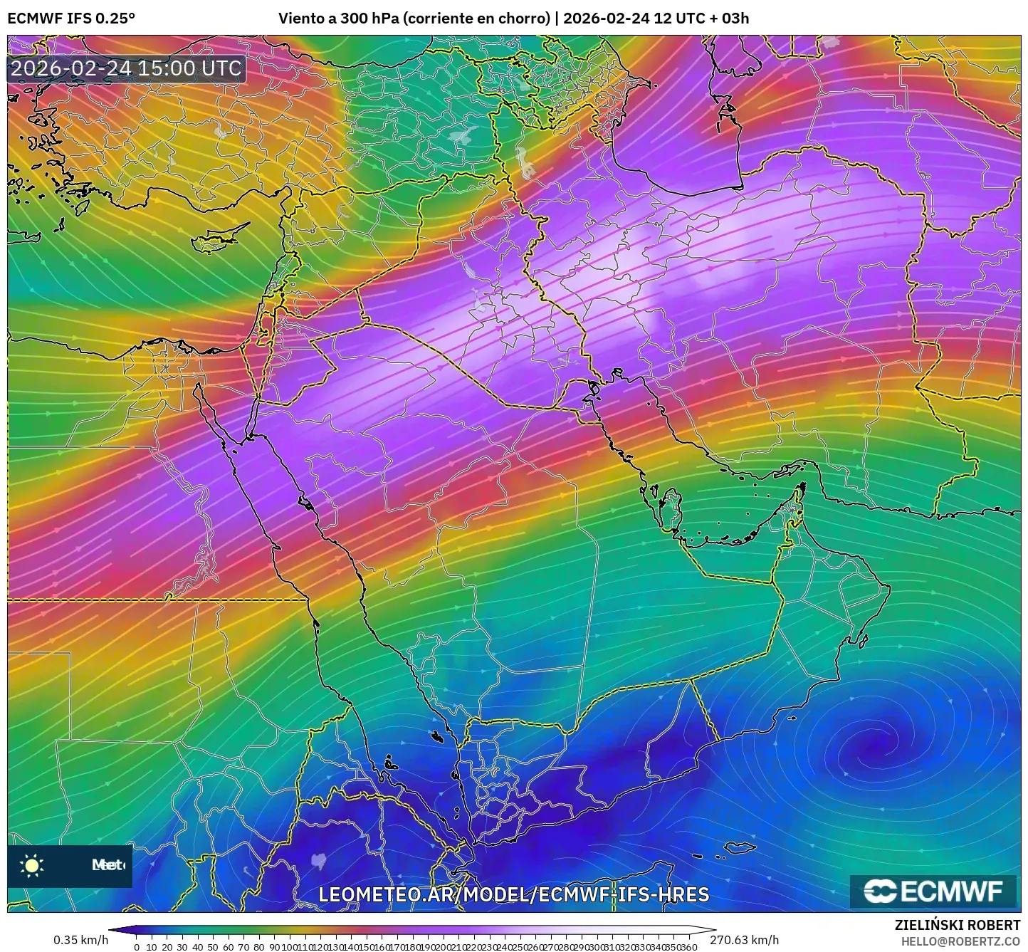 ECMWF IFS 0.25° model - Oriente Medio, Viento a 300 hPa (corriente en chorro)
