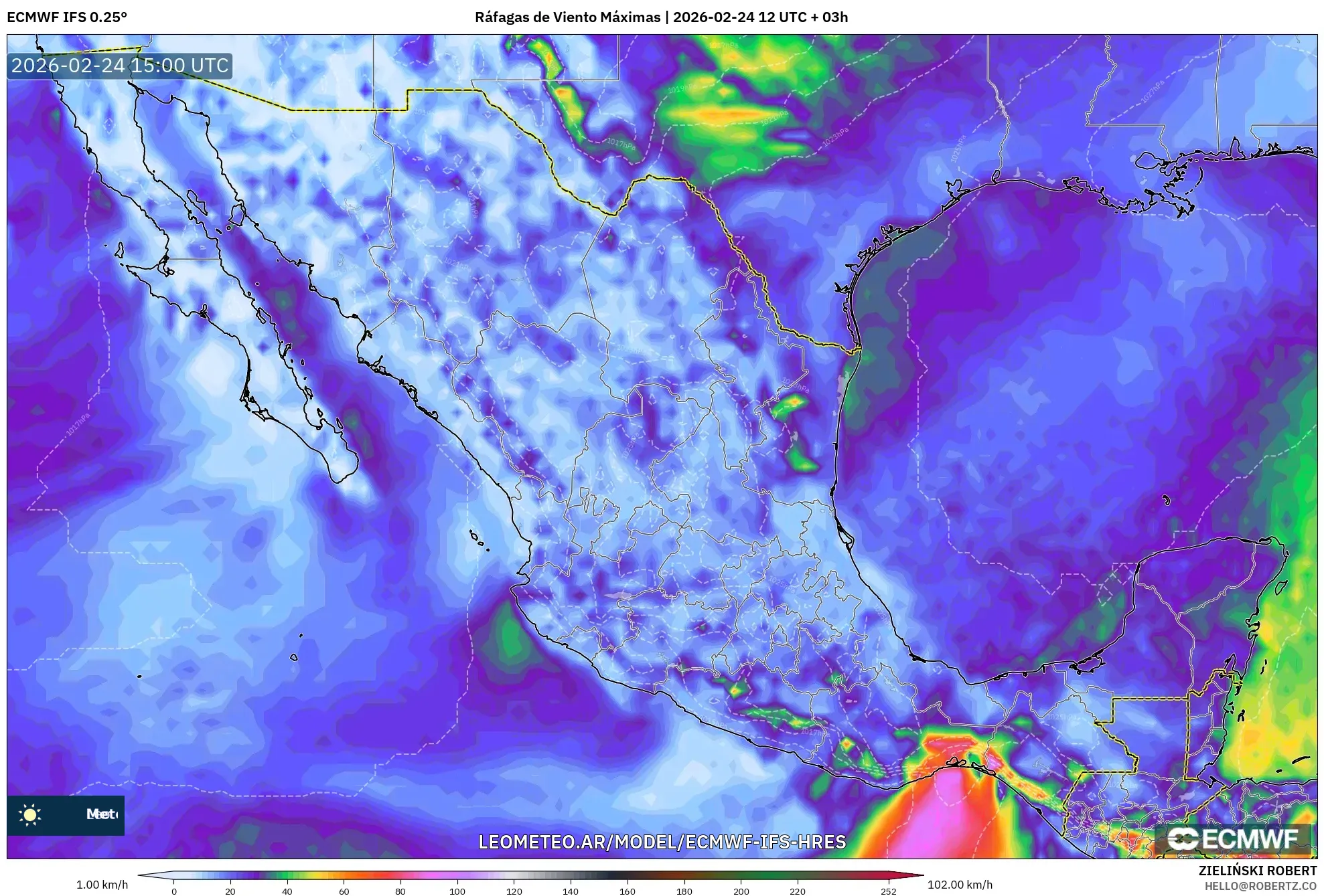 ECMWF IFS 0.25° model - México, Ráfagas de Viento Máximas
