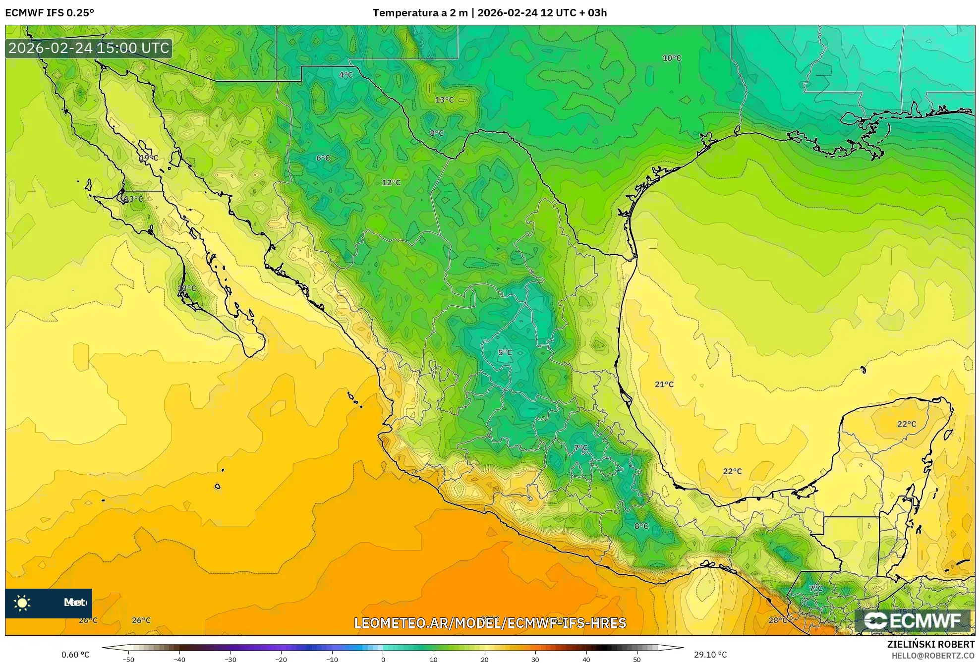 ECMWF IFS 0.25° model - México, Temperatura a 2 m